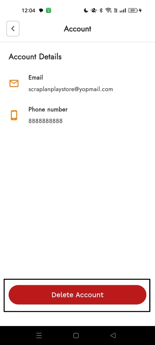 Scraplan account details with delete account button