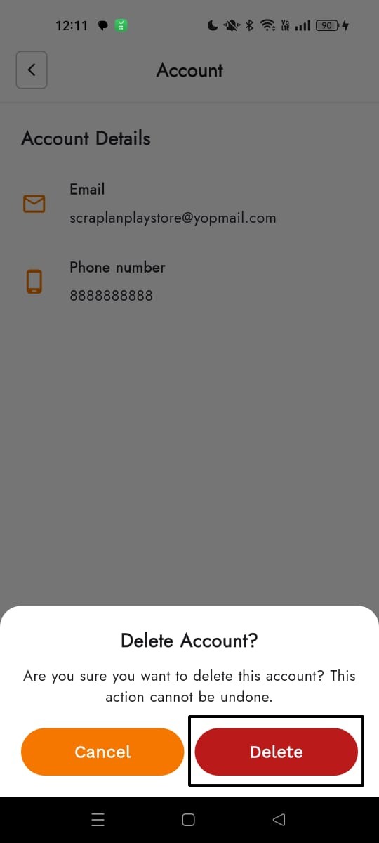 Scraplan delete account confirmation popup